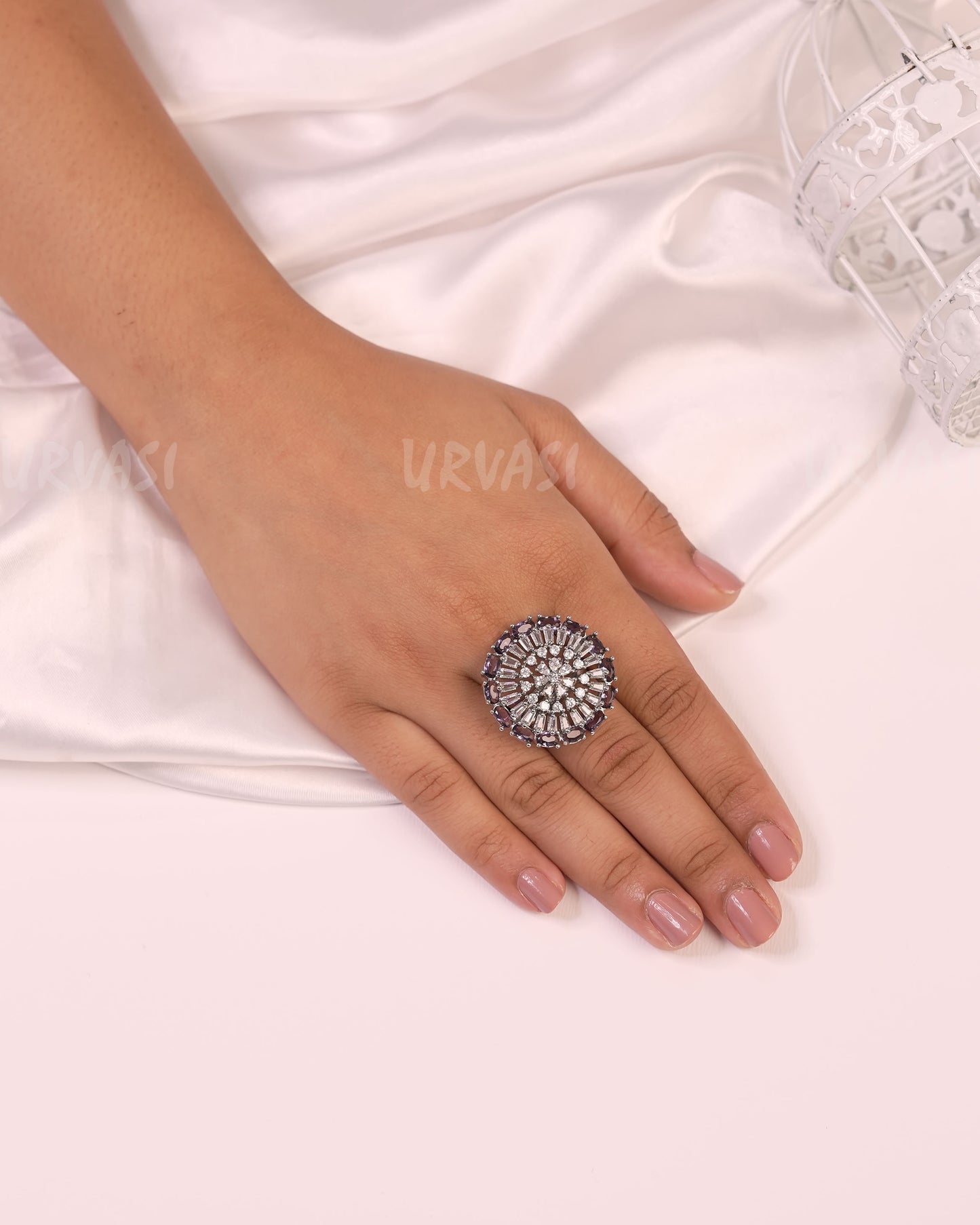 Rhodium Polish Floral Stone-Studded Finger Ring FR 50