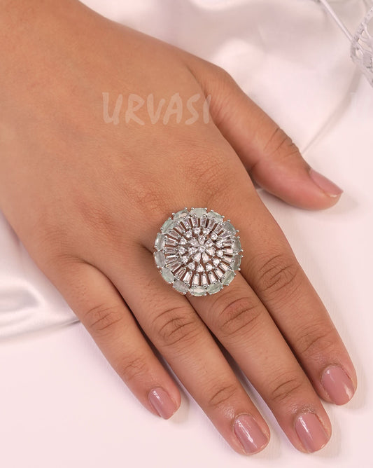 Rhodium Polish Floral Stone-Studded Finger Ring FR 50