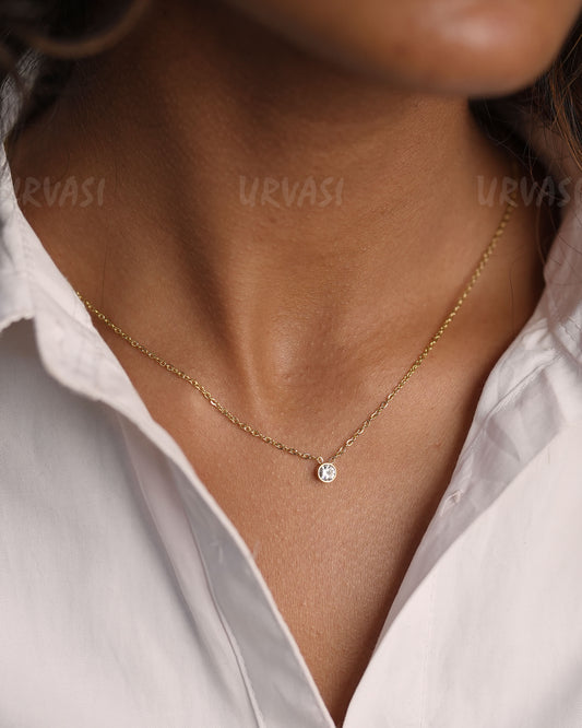 Gold-Toned Bezel Solitaire Pendant Simple Chain  SC 100