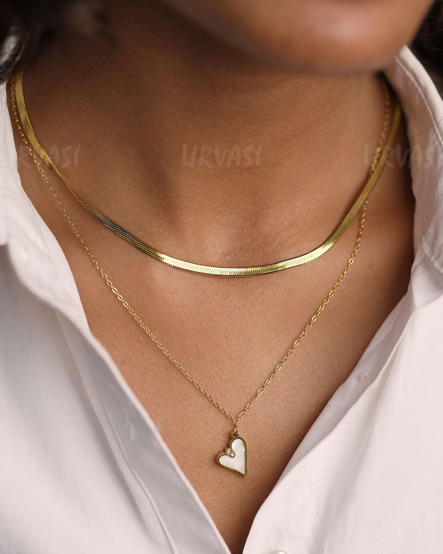 Gold-Toned Layered Herringbone Heart Pendant Simple Chain SC 133