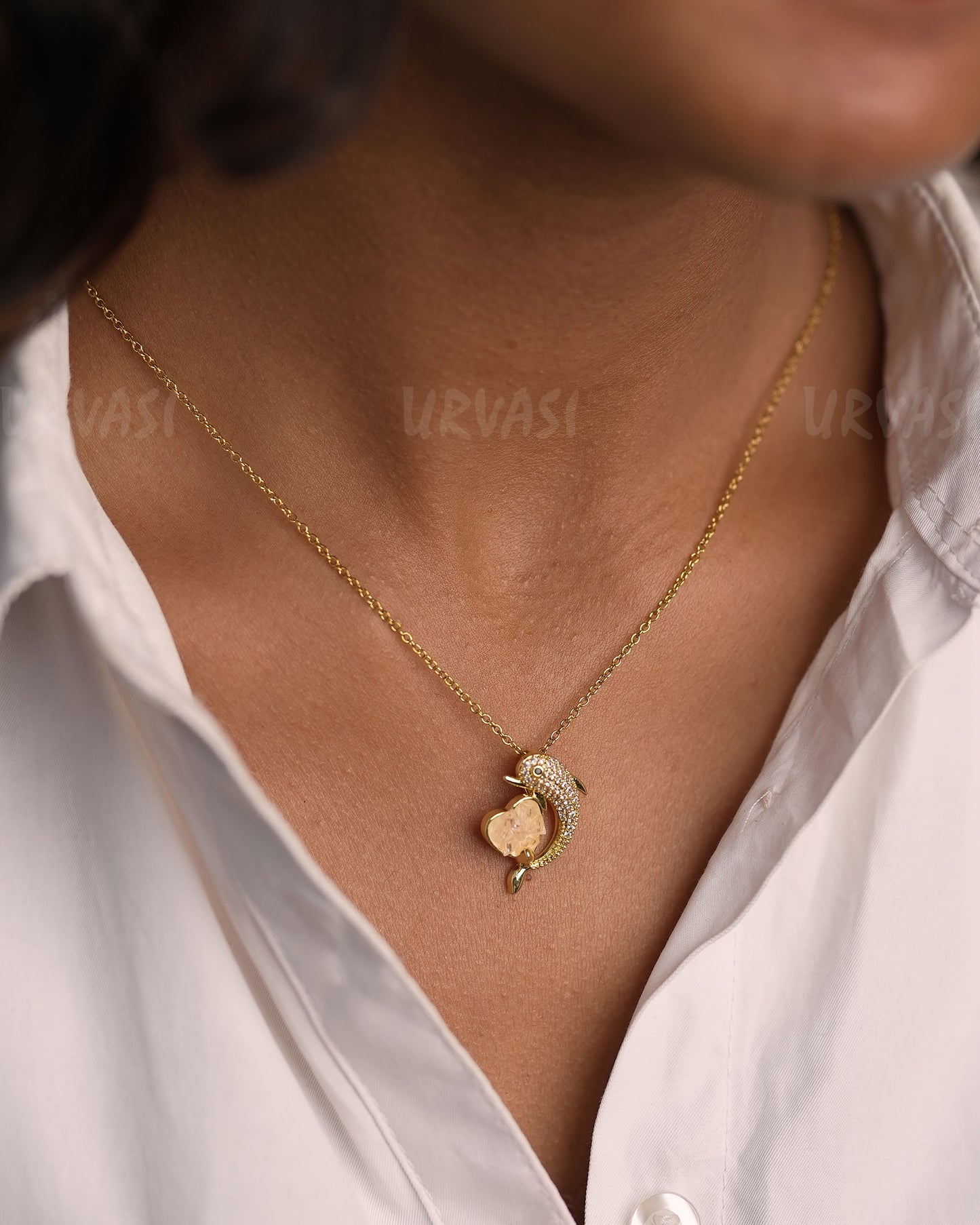 Gold Toned Dolphin Love Pendant Simple Chain SC 143