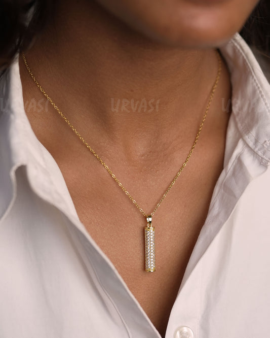 Gold-Toned Shimmering Vertical Bar Pendant Simple Chain SC 149