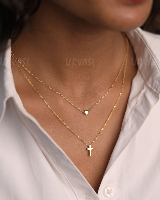 Stainless-Steel Two-Layer Cross and heart Designed Simple Chain SC 156