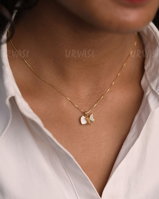 Gold-Polish Butterfly Designed Heart Pendant Simple Chain SC 157