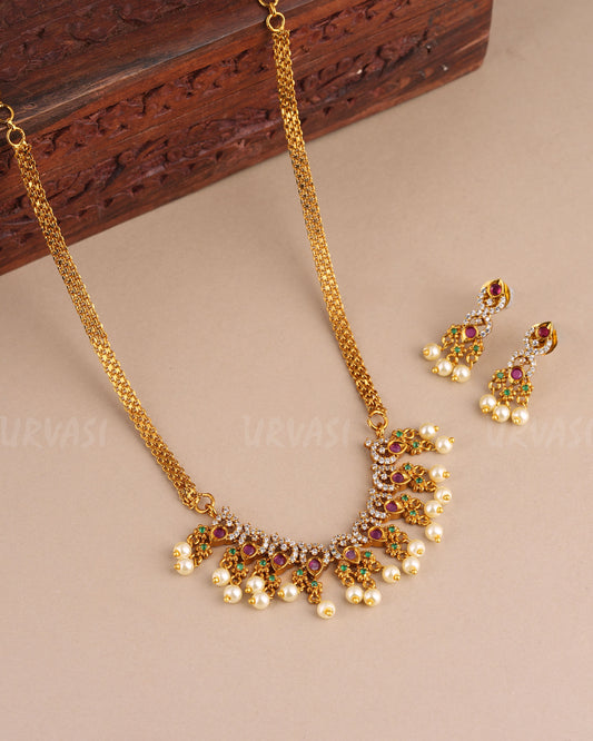 Gold Toned Floral Stone-Studded Pearl Necklace 1479