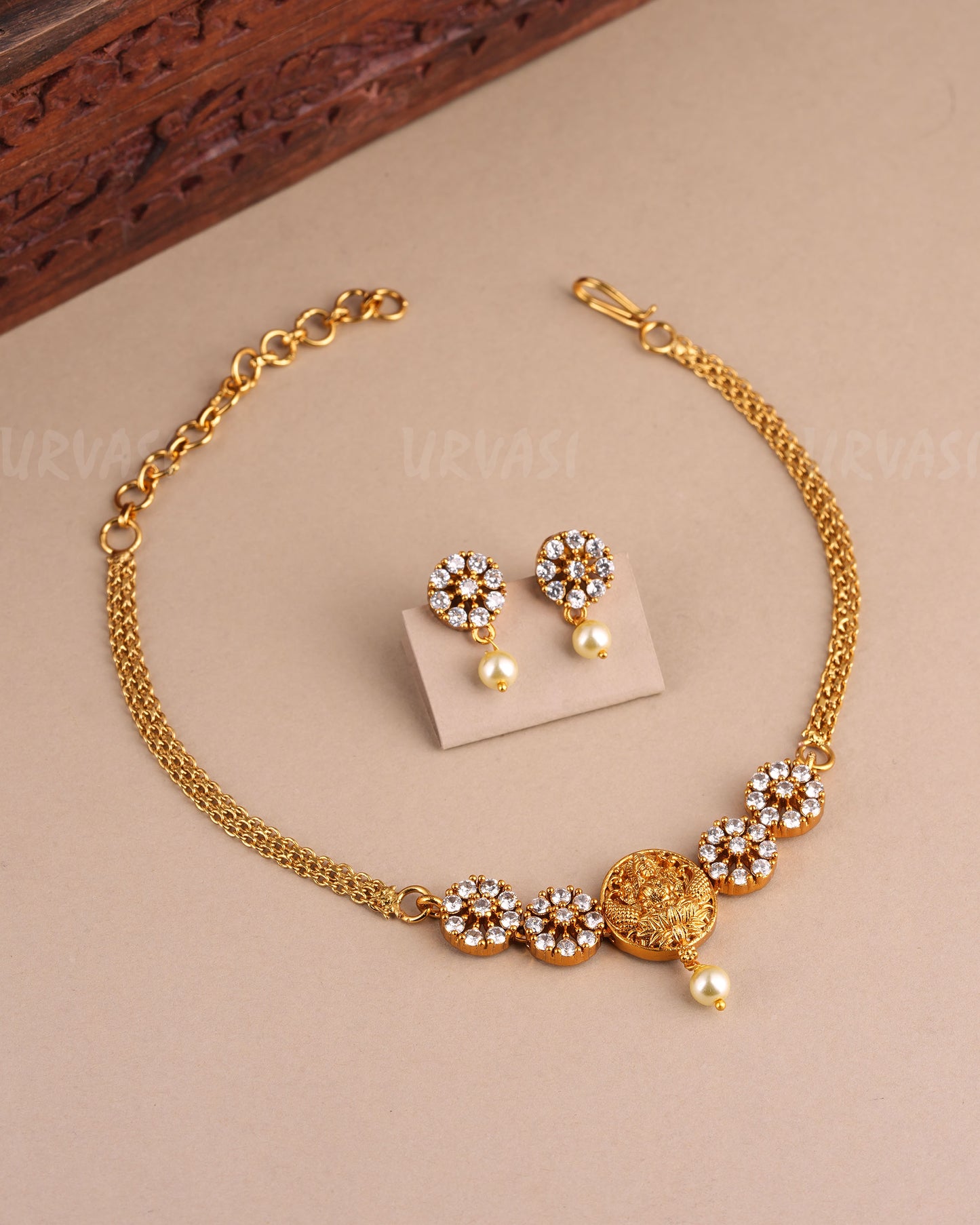 Gold-Toned Lakshmi Pendant Stone Choker Necklace 1477