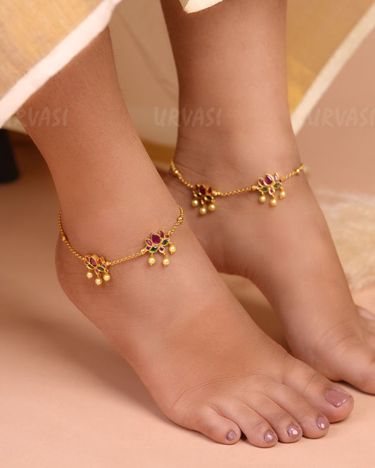 Gold-Toned Lotus Pendant Pearl Hanging Anklet AK 84