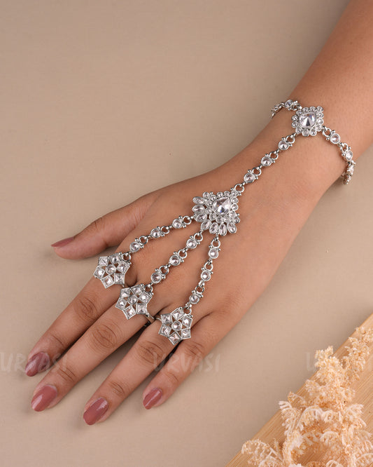 Rhodium Polish Floral Kundan Polki Stone-Studded Hath Panja PN 05