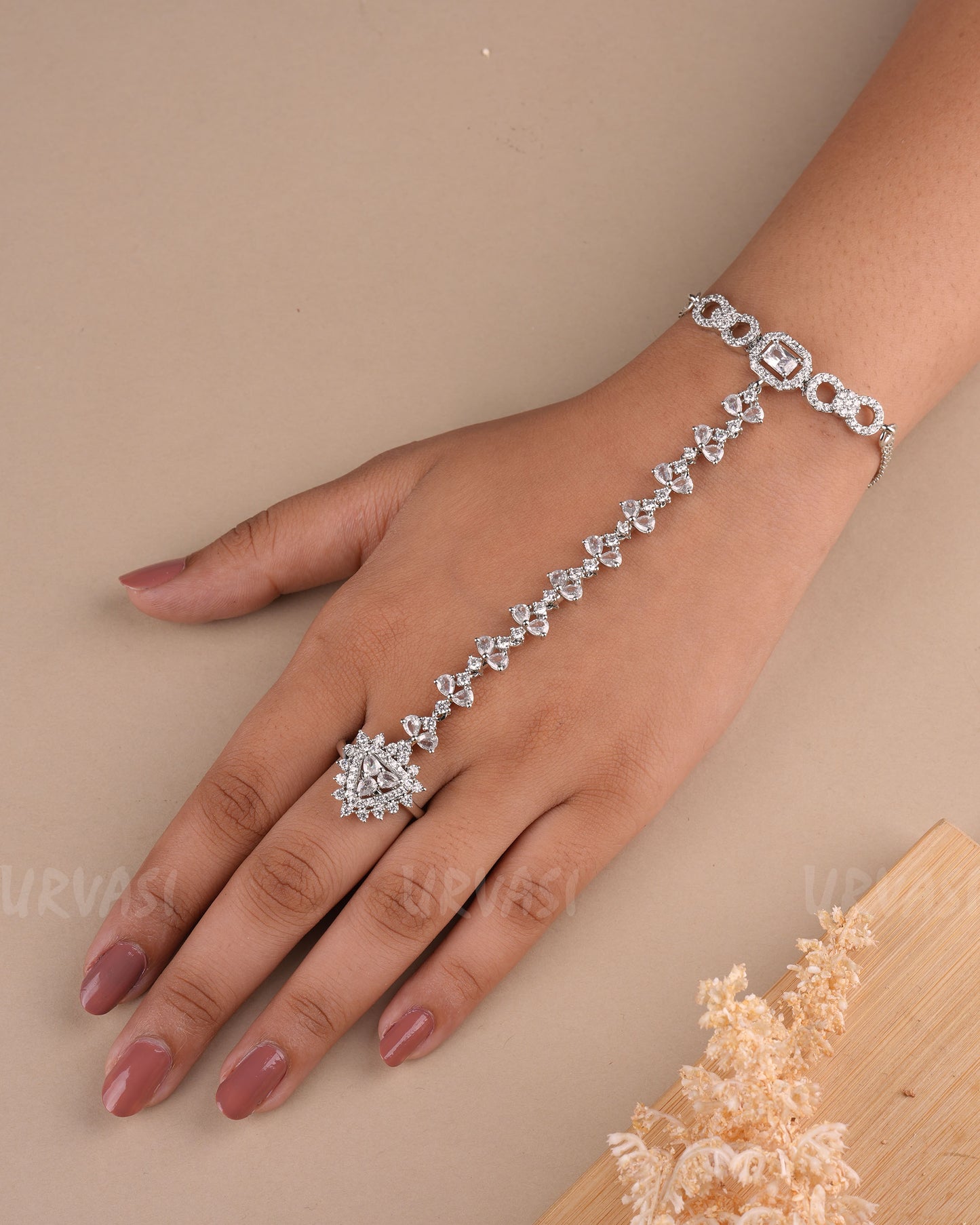 Rhodium Polish Floral Stone-Studded AD Hath Panja PN 07
