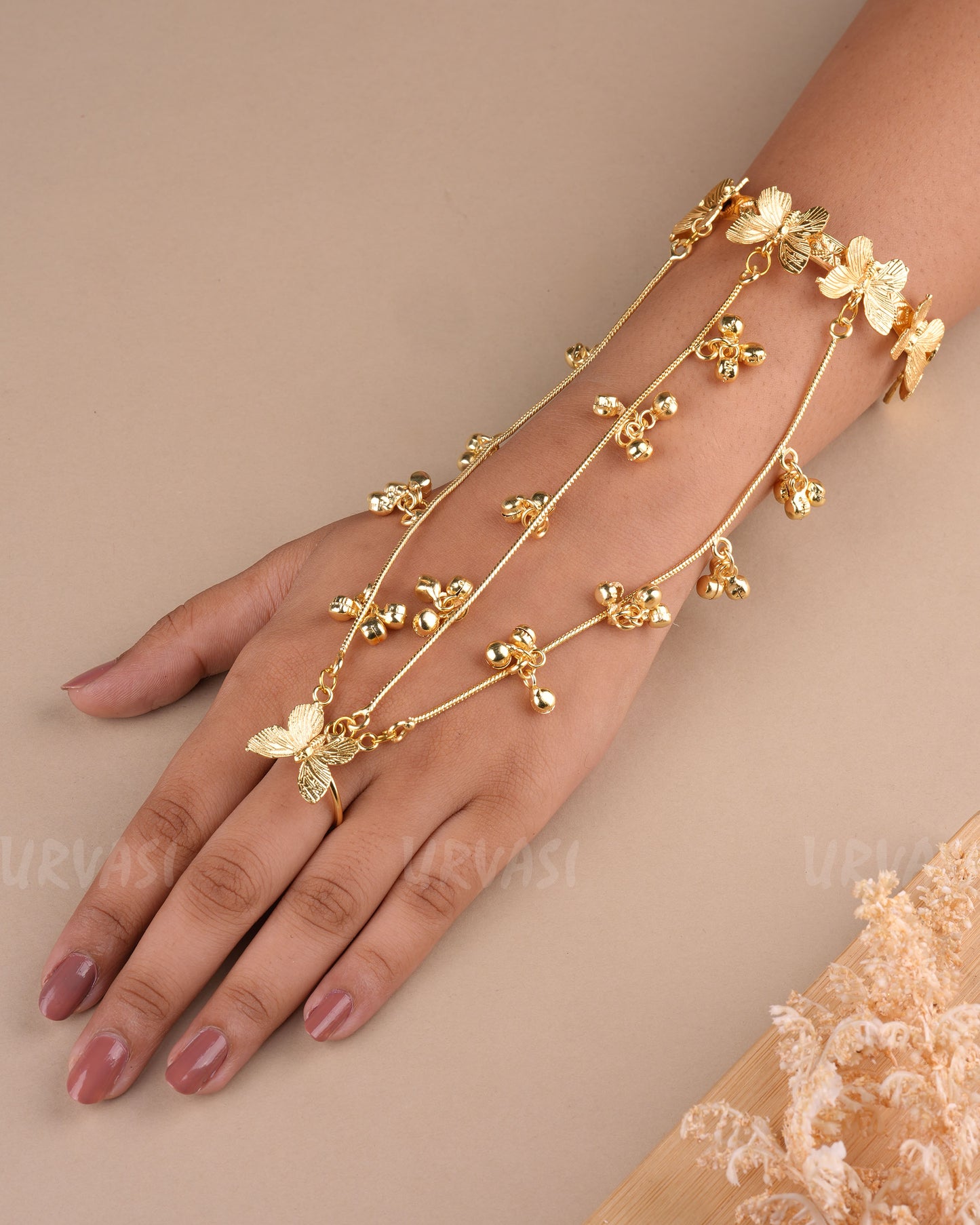 Matte Gold Polish Butterfly-Designed Ghungroo Hath Panja PN 14