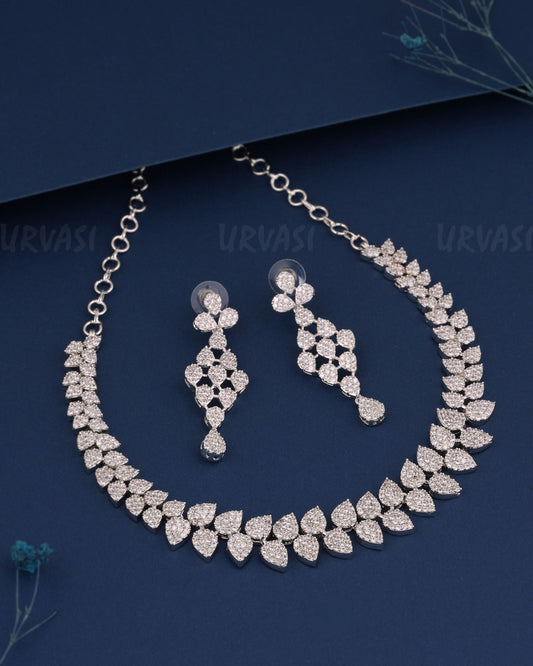 Rhodium Polish Leaf-Designed AD Necklace 519