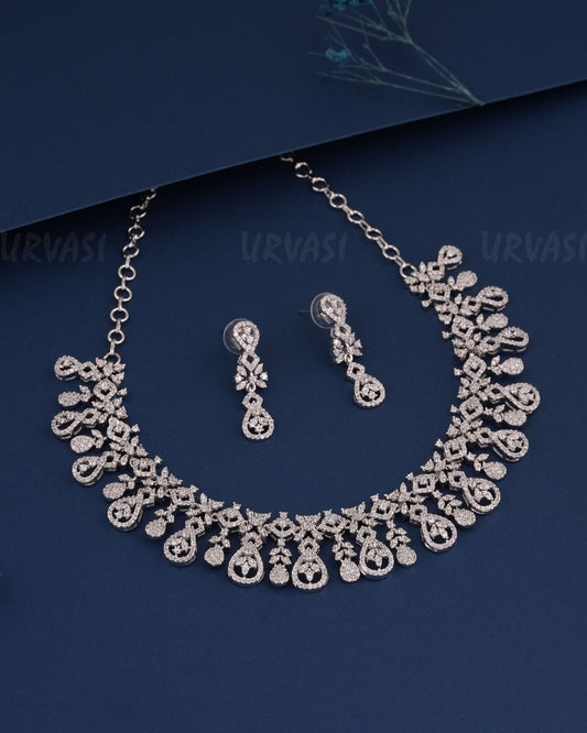 Rhodium Polish Tear-Drop Floral AD Necklace 521