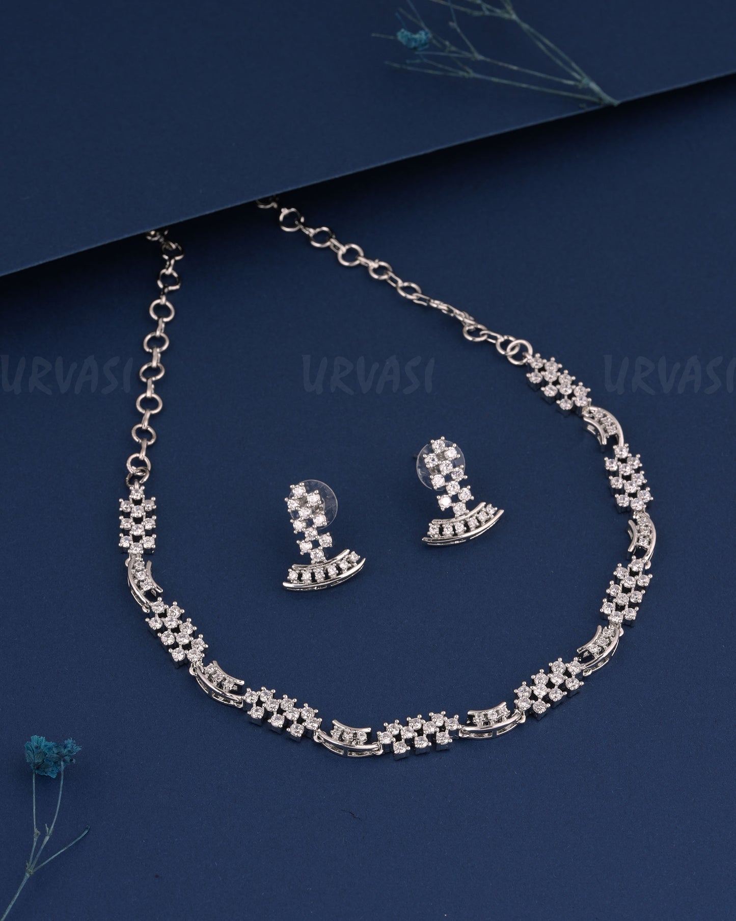 Rhodium Polish Stone-Studded AD Necklace 523