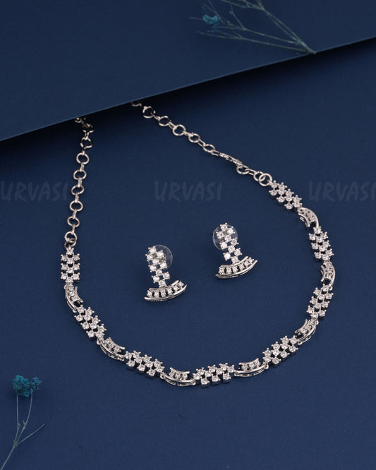 Rhodium Polish Stone-Studded AD Necklace 523