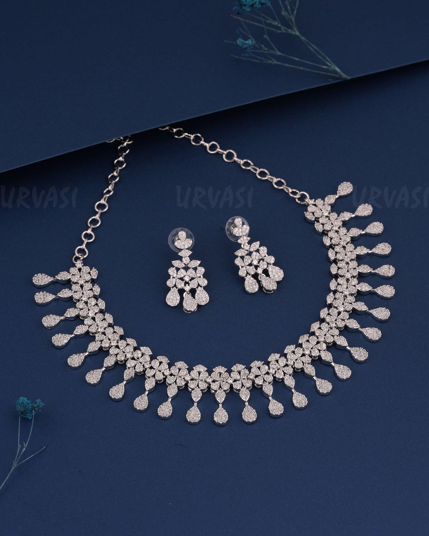 Rhodium Polish Floral Tear-Drop AD Necklace 522