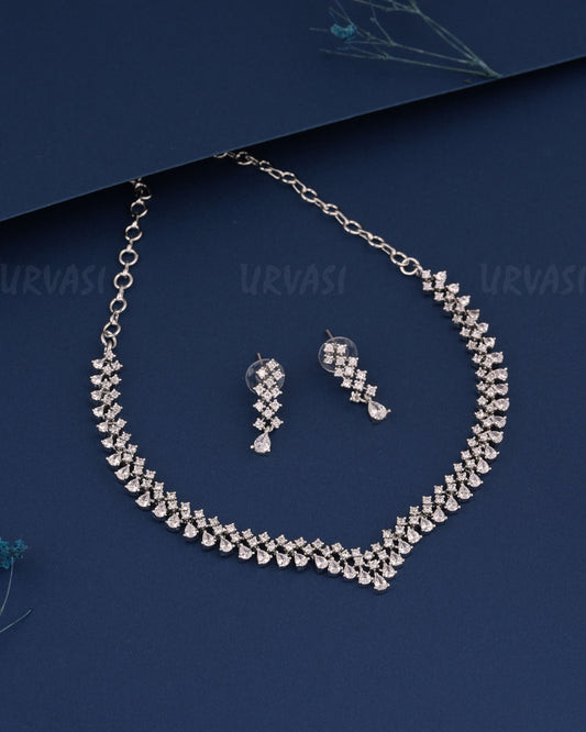 Rhodium Polish Tear-Drop Designed V Neck Designed Necklace 524