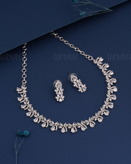 Rhodium Polish Tear-Drop Designed Floral Necklace 530