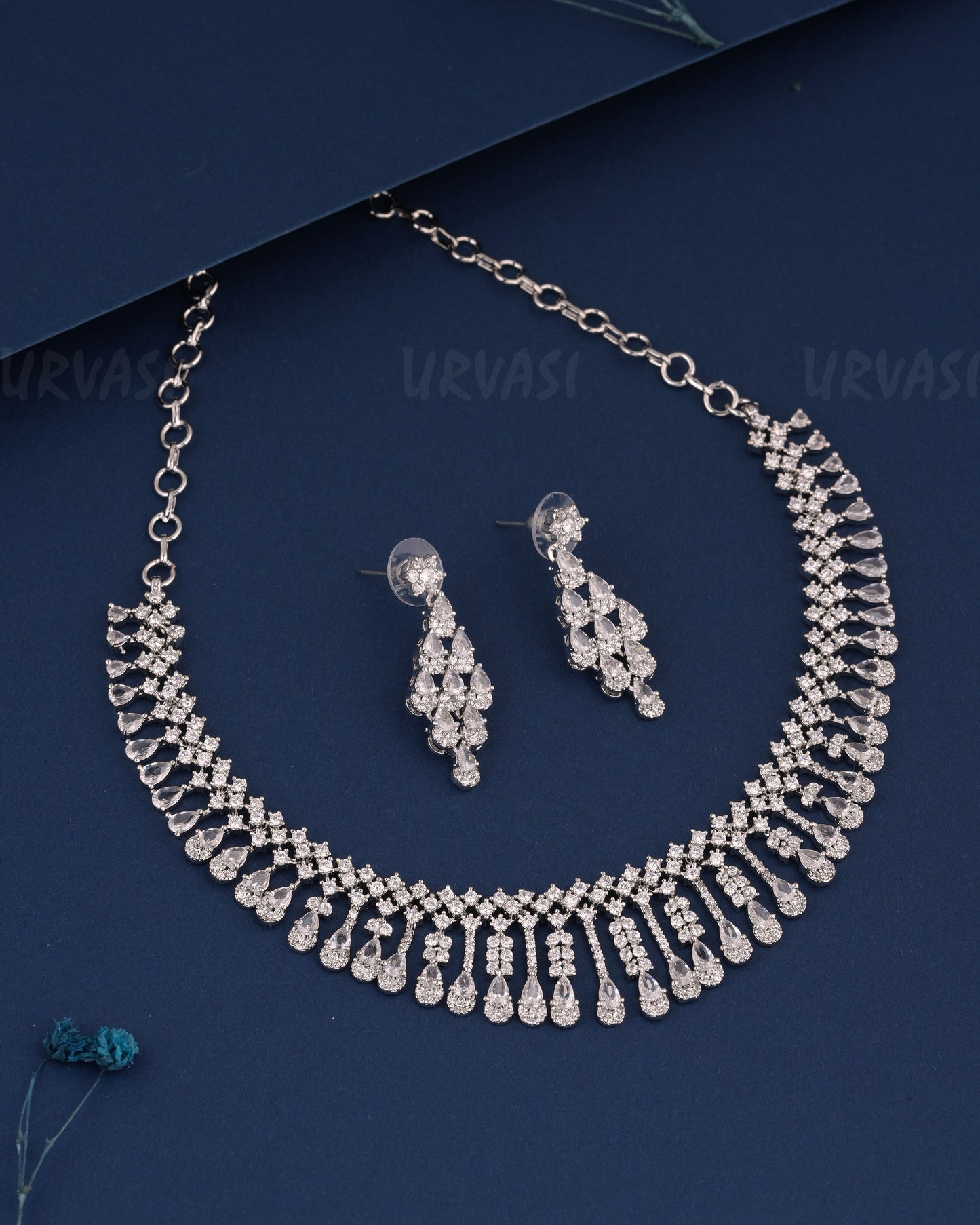 Rhodium Polish Pear-Drop Designed AD Necklace 993
