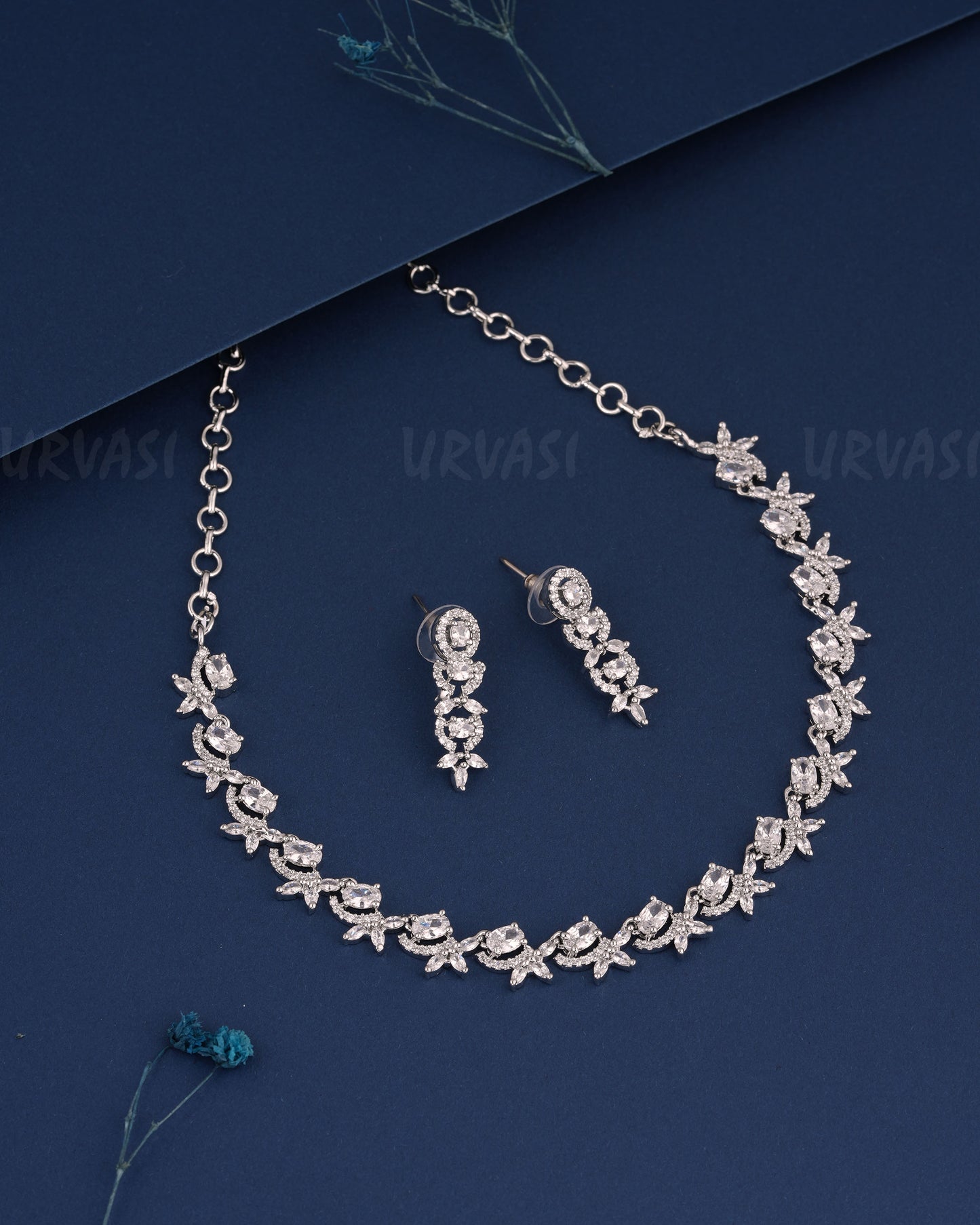 Rhodium Polish Leaf-Designed AD Necklace 1001