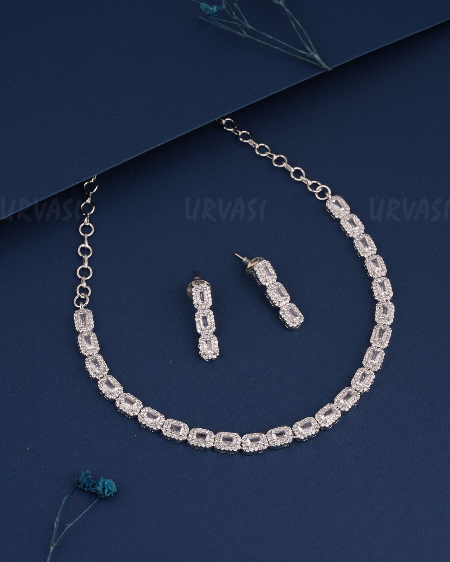 Rhodium Polish Stone-Studded Box-Designed AD Necklace 986