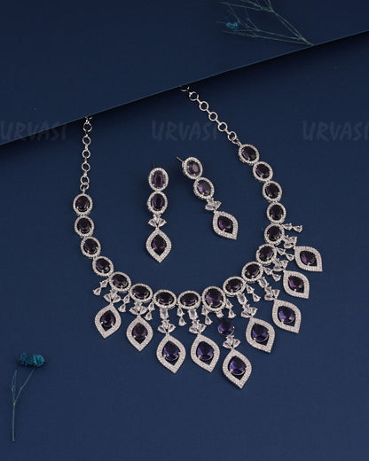 Rhodium Polish Leaf-Designed Hanging AD Necklace 1494