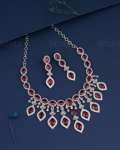 Rhodium Polish Leaf-Designed Hanging AD Necklace 1494