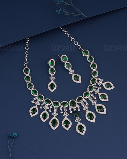 Rhodium Polish Leaf-Designed Hanging AD Necklace 1494
