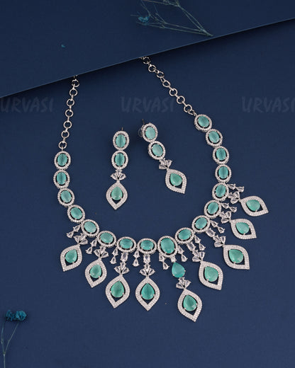 Rhodium Polish Leaf-Designed Hanging AD Necklace 1494