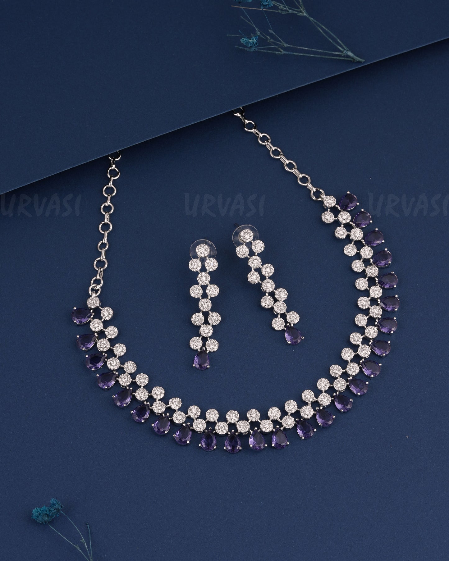Rhodium Polish Tear-Drop Designed AD Necklace 1495