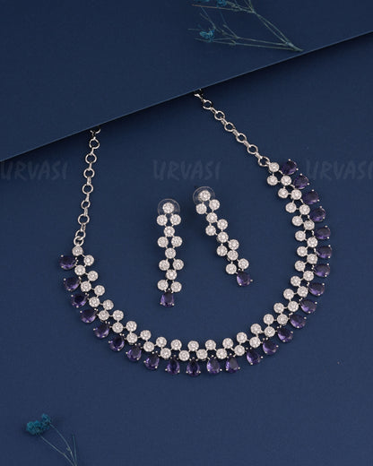 Rhodium Polish Tear-Drop Designed AD Necklace 1495