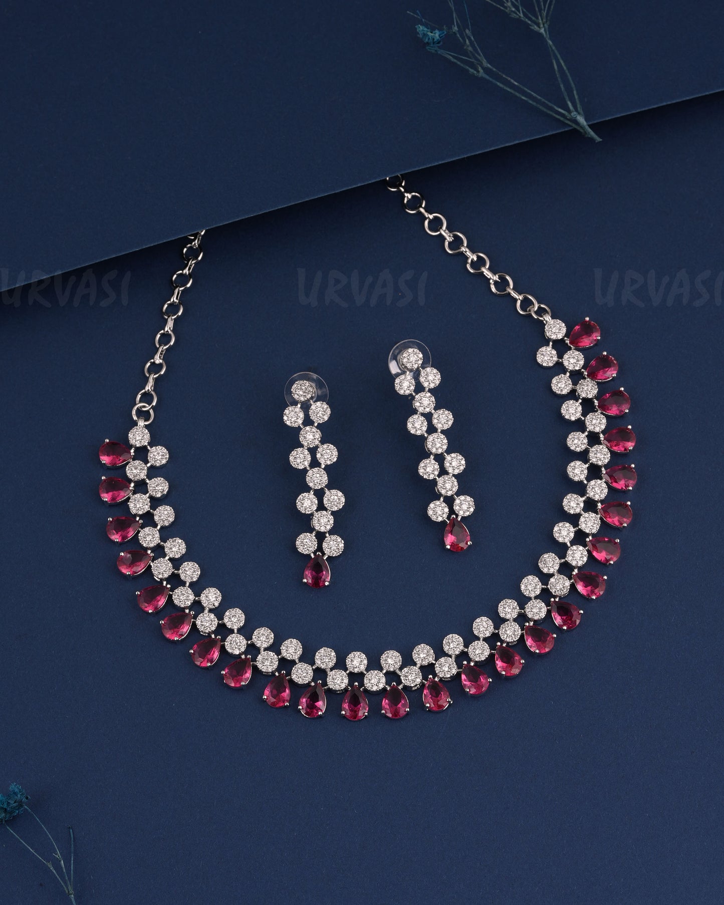 Rhodium Polish Tear-Drop Designed AD Necklace 1495