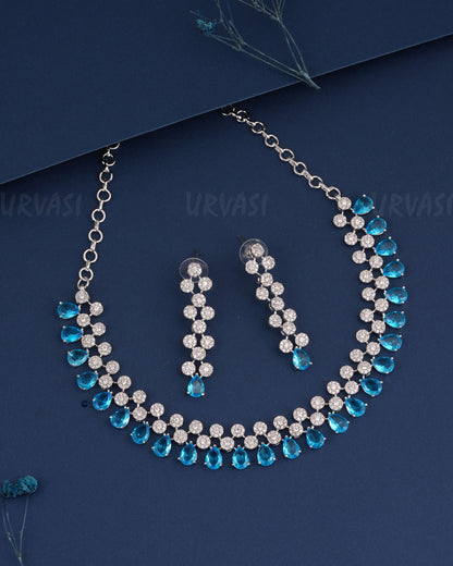 Rhodium Polish Tear-Drop Designed AD Necklace 1495