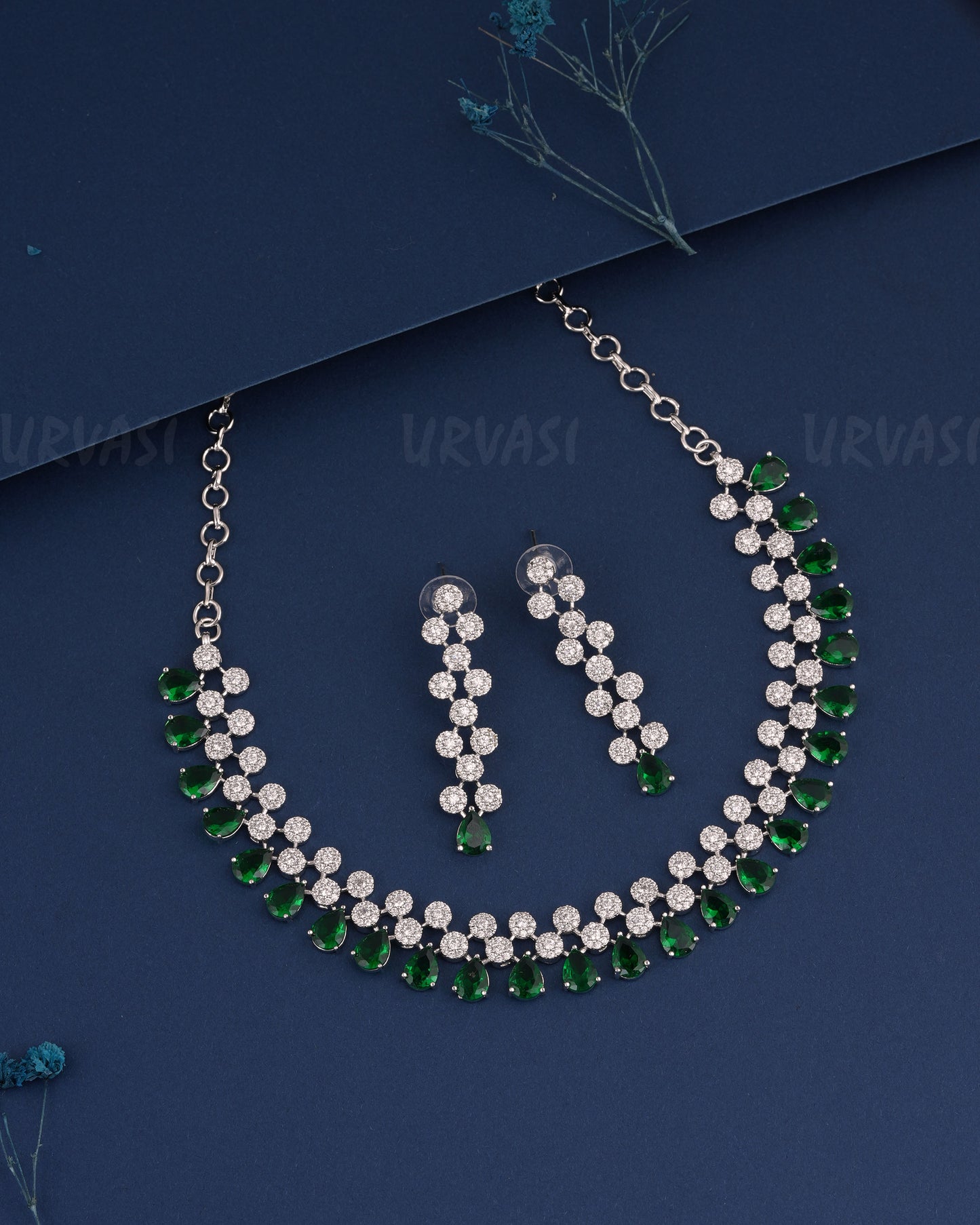 Rhodium Polish Tear-Drop Designed AD Necklace 1495