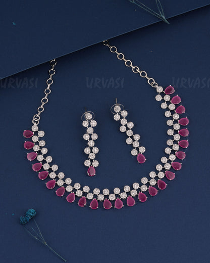 Rhodium Polish Tear-Drop Designed AD Necklace 1495
