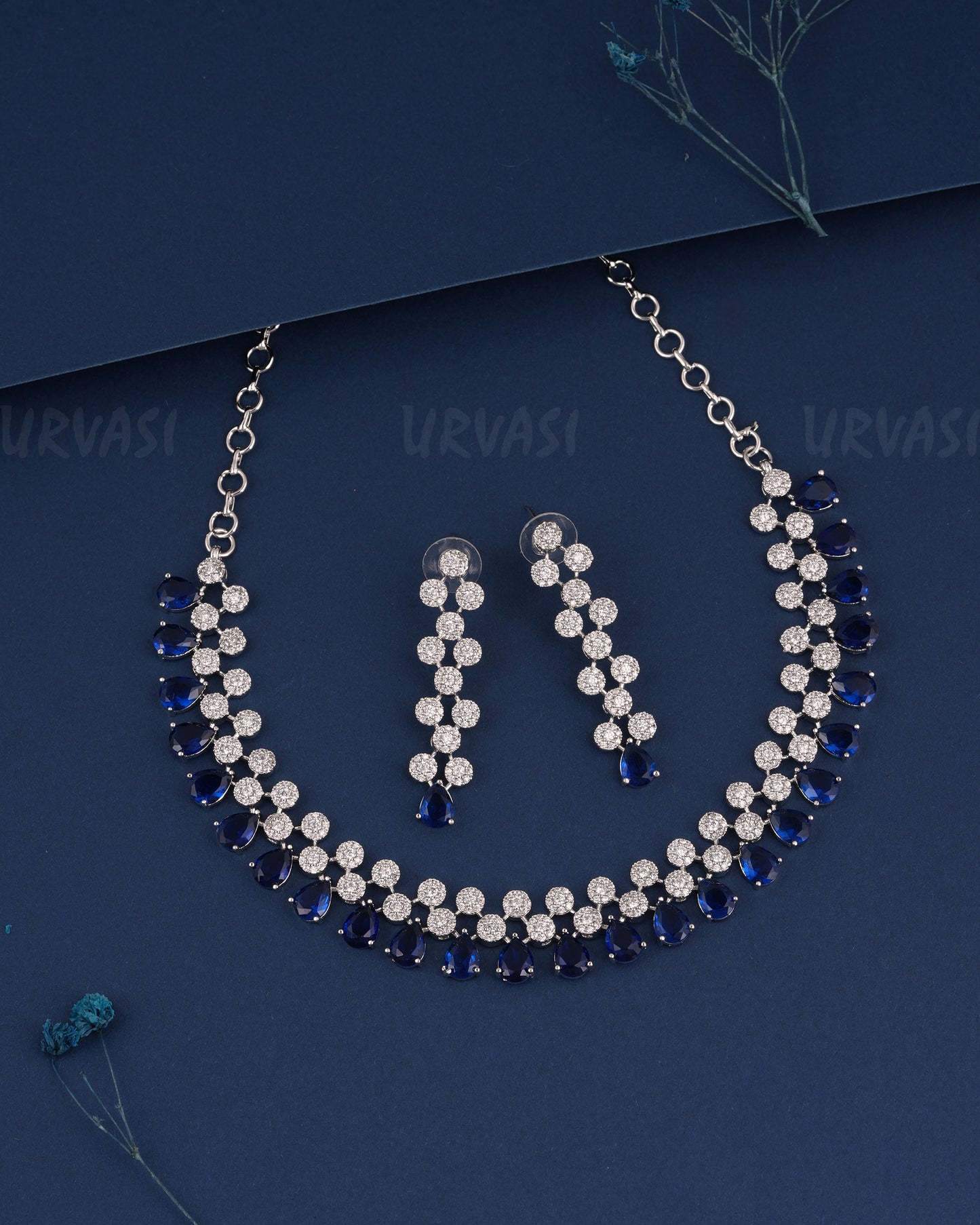 Rhodium Polish Tear-Drop Designed AD Necklace 1495