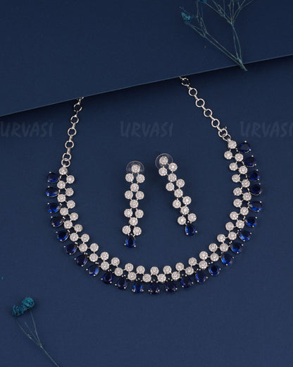 Rhodium Polish Tear-Drop Designed AD Necklace 1495