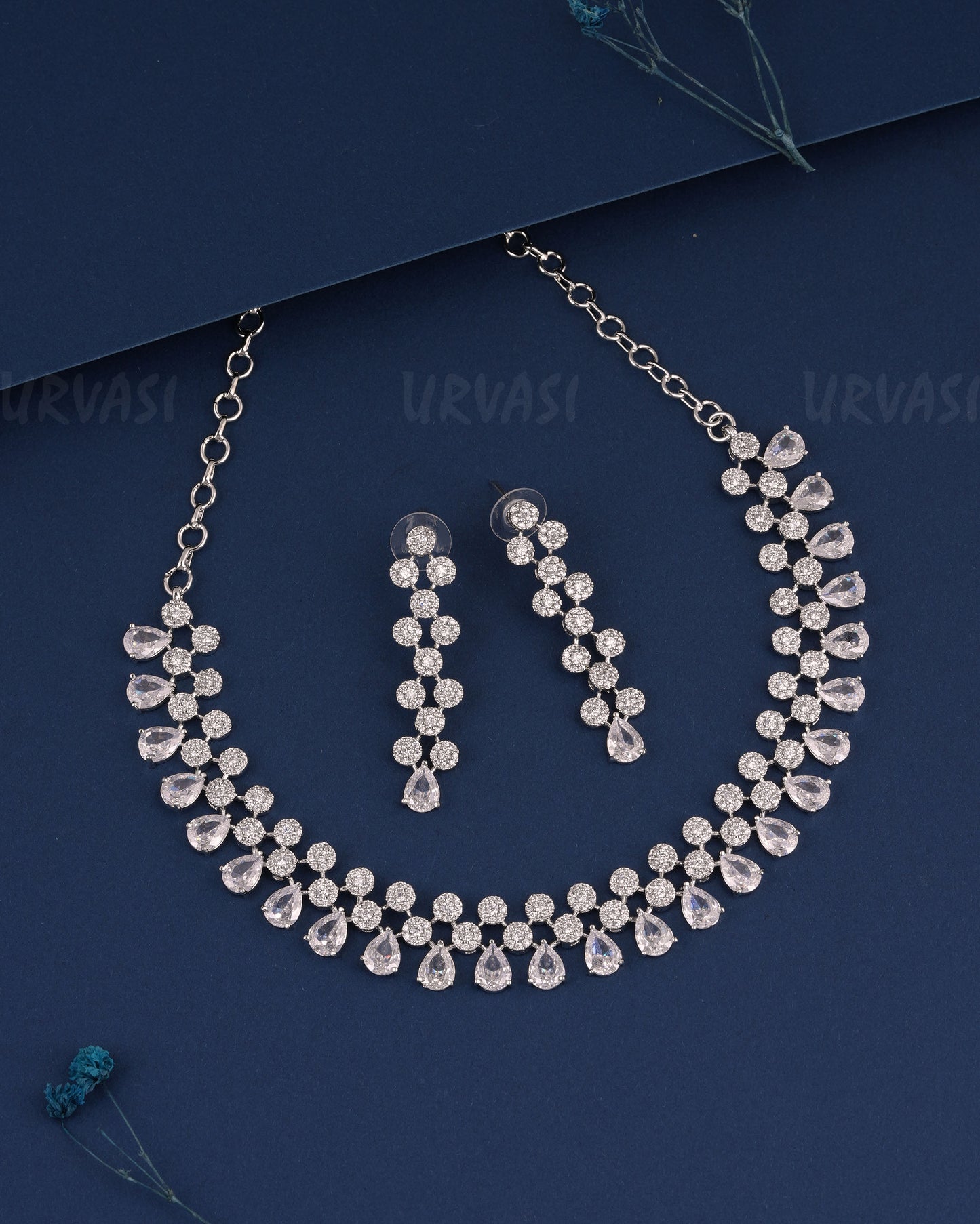Rhodium Polish Tear-Drop Designed AD Necklace 1495
