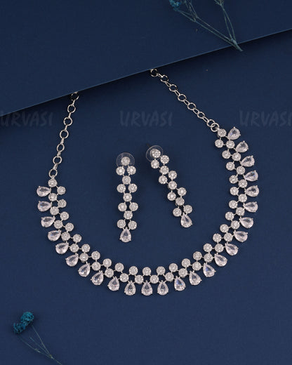 Rhodium Polish Tear-Drop Designed AD Necklace 1495