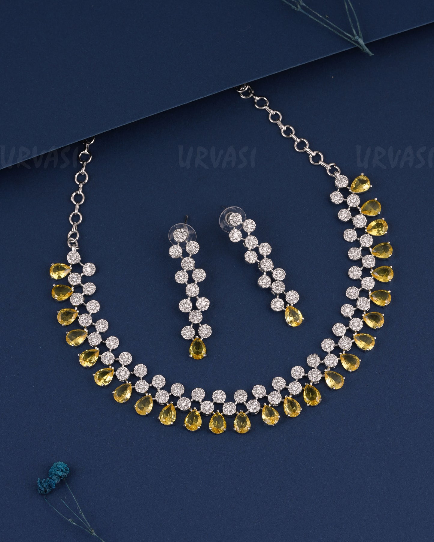 Rhodium Polish Tear-Drop Designed AD Necklace 1495