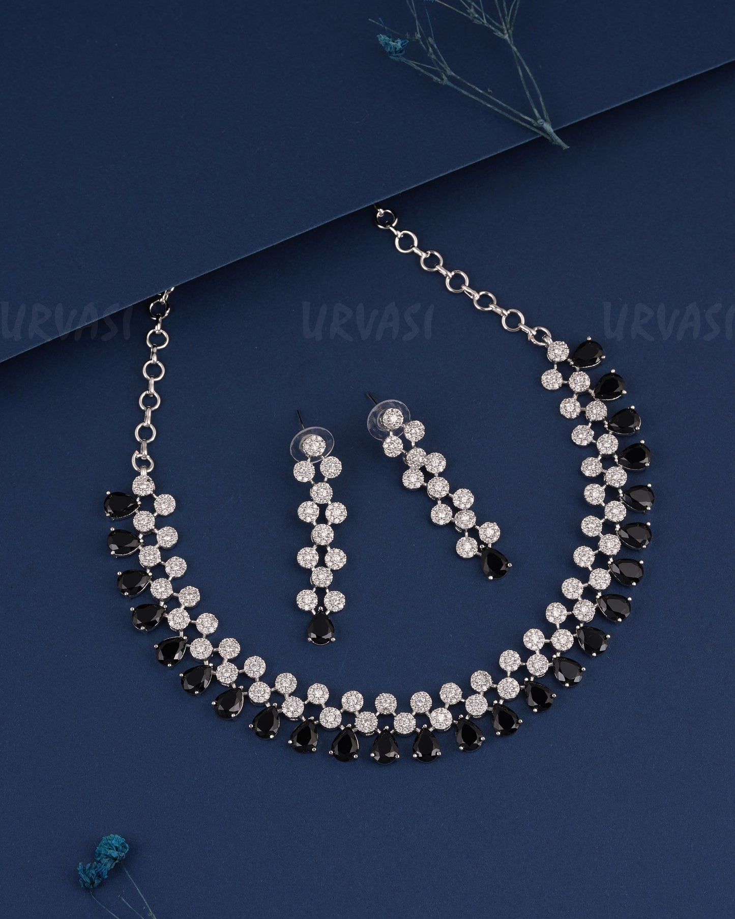 Rhodium Polish Tear-Drop Designed AD Necklace 1495