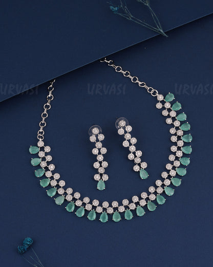 Rhodium Polish Tear-Drop Designed AD Necklace 1495