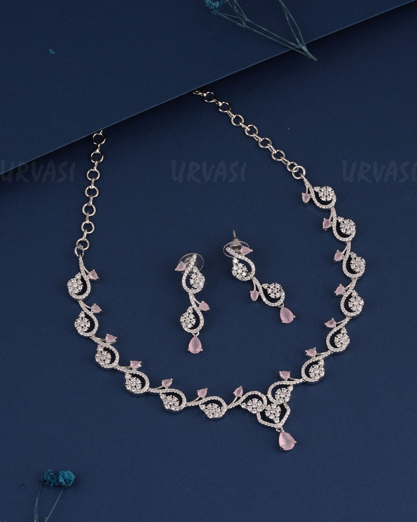 Rhodium Polish Floral Tear-Drop Necklace 1514