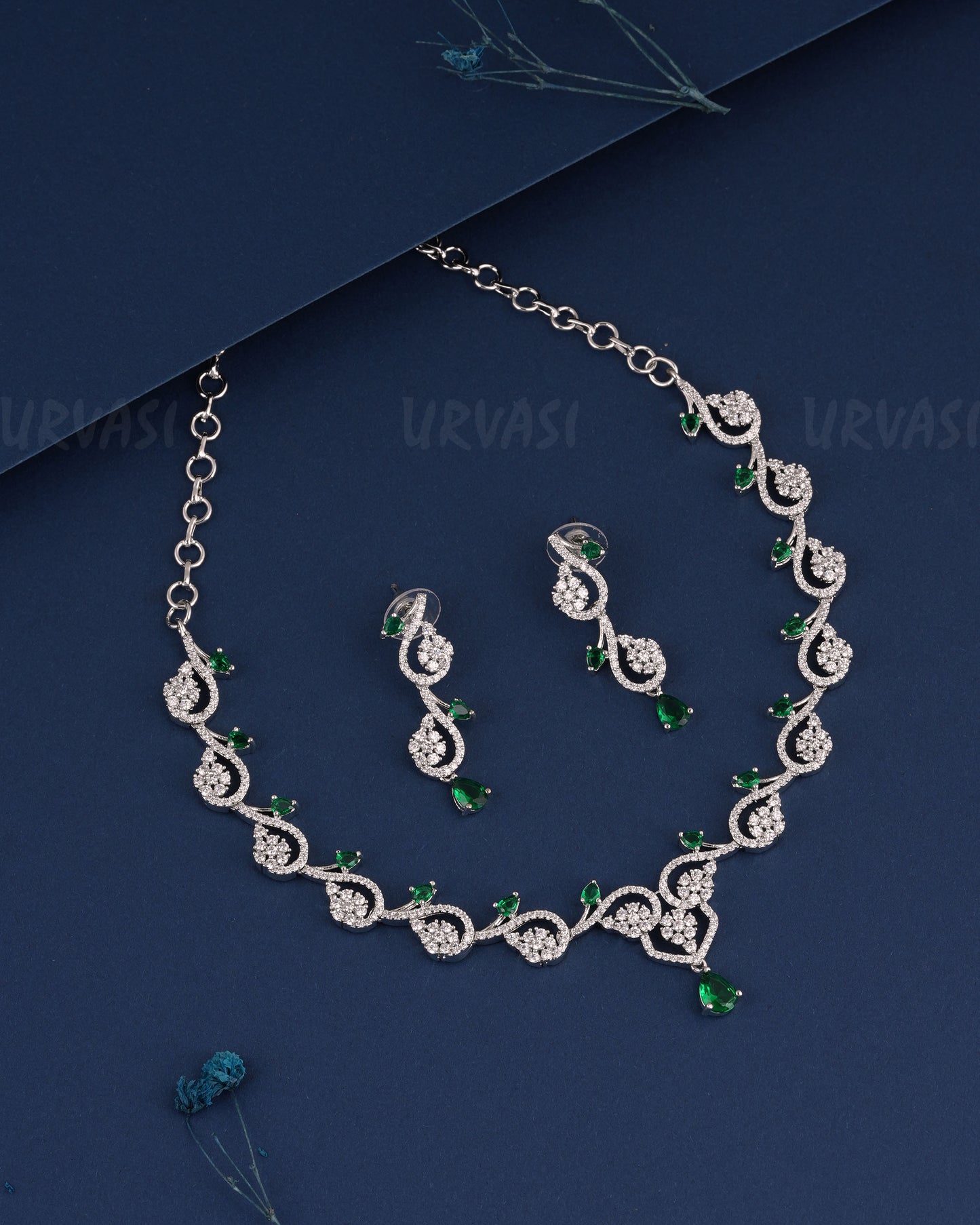 Rhodium Polish Floral Tear-Drop Necklace 1514