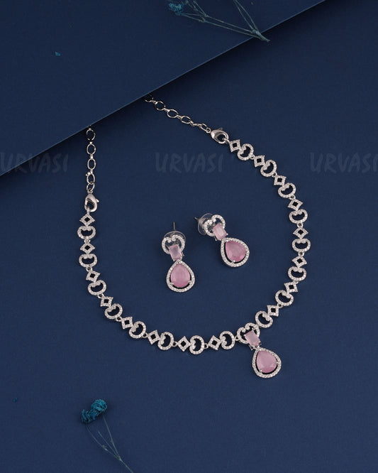 Rhodium Polish Tear-Drop Pendant AD Necklace 1520