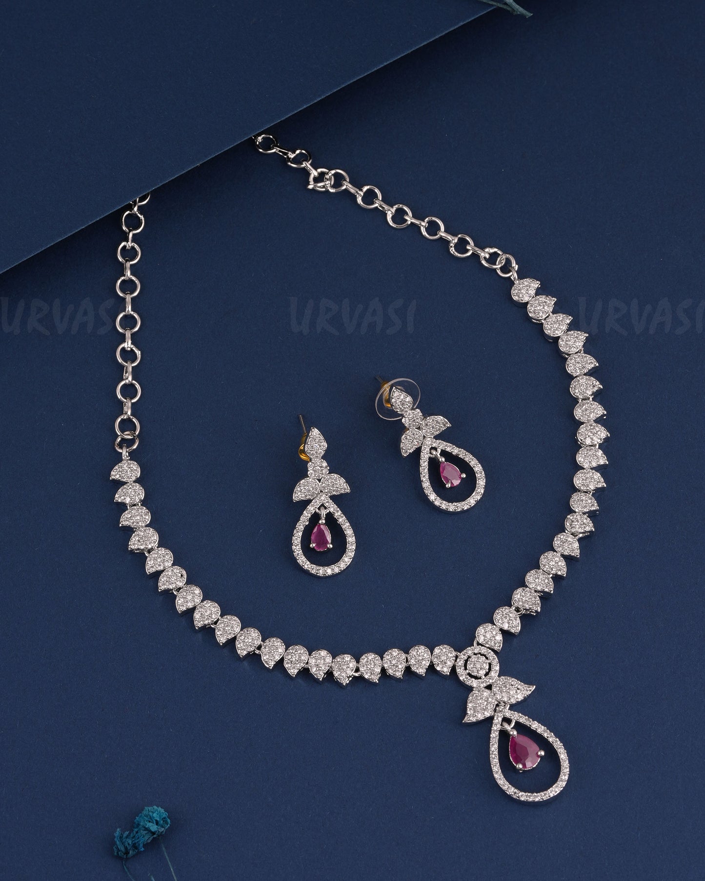 Rhodium Polish Mango-Designed Pear Drop AD Necklace 1493