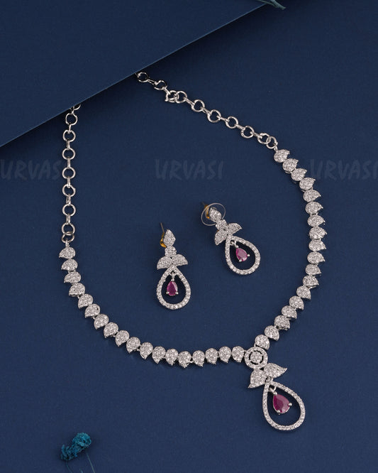 Rhodium Polish Mango-Designed Pear Drop AD Necklace 1493