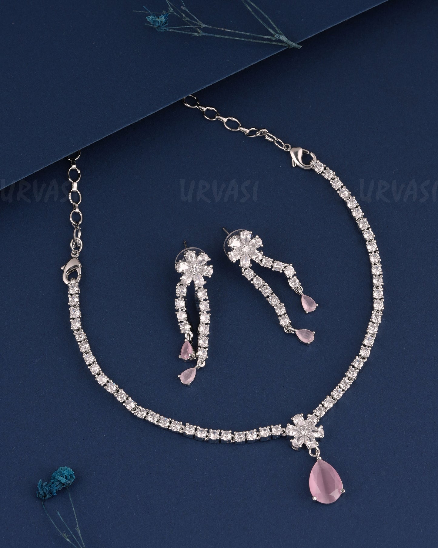 Rhodium Polish Floral-Tear-Drop Designed AD Necklace 1491