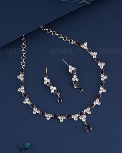 Rhodium Polish Floral Pear-Drop Pendant AD Necklace 1490