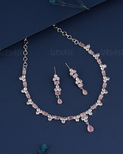 Rhodium Polish Floral Pear-Drop Pendant AD Necklace 1490