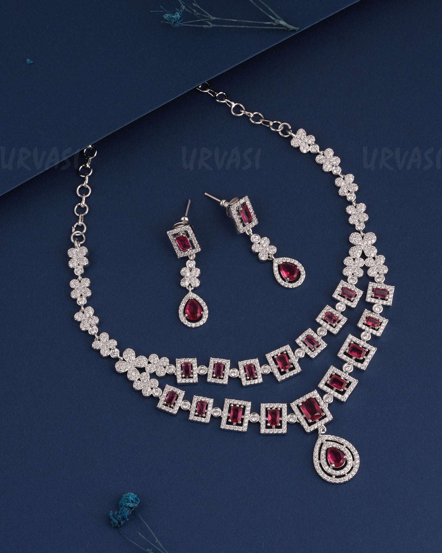 Rhodium Polish Two-Layer Floral AD Necklace 1488